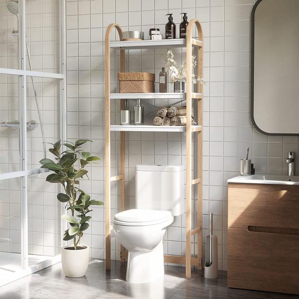 over the Toilet Storage with Basket and Drawer, Bamboo Bathroom