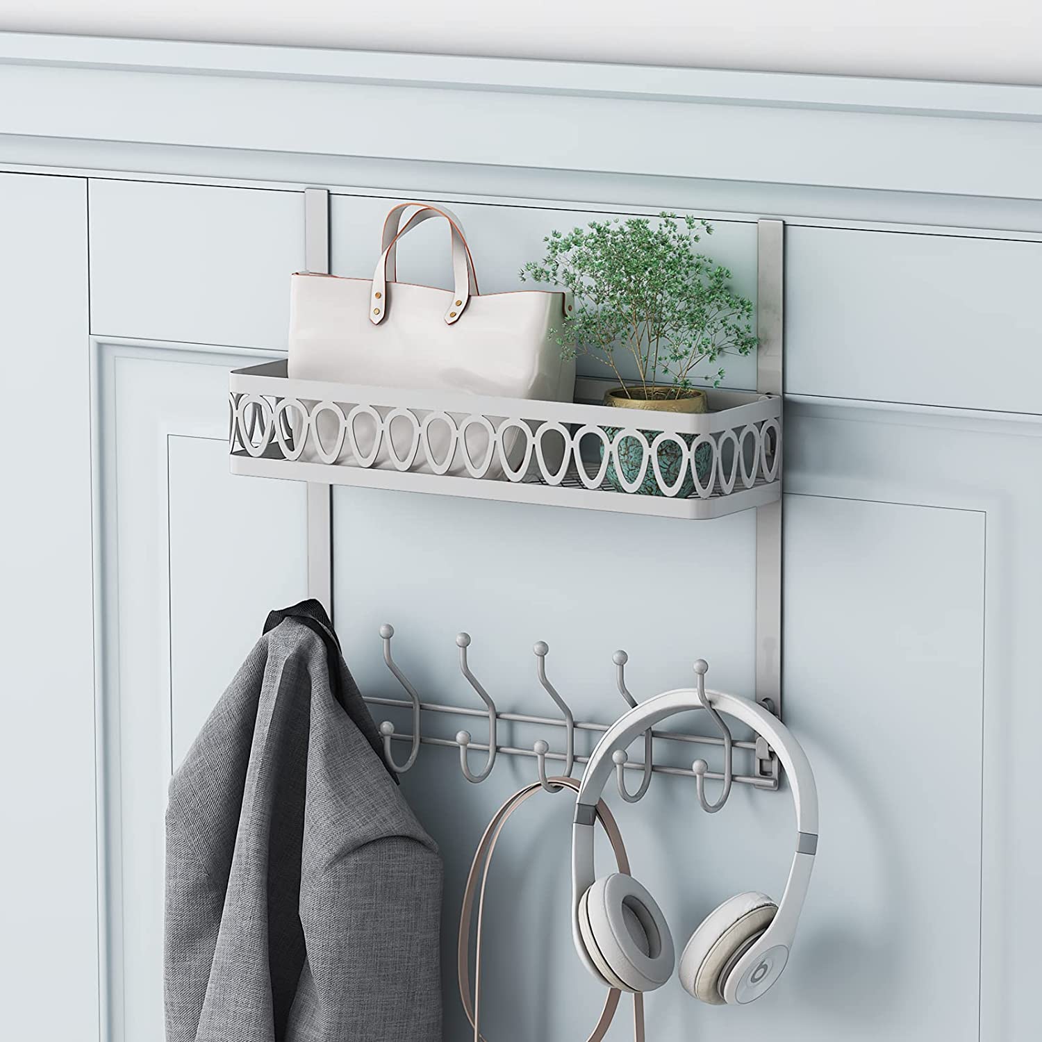NEX Over The Door Coat Rail Shelf 5 Hooks With Basket Small Stuff Organize Hook Bathroom Door For Towels Jackets Scarves Grey 