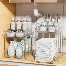 2 Tier Clear Organizer With Dividers, Bathroom Vanity Counter Organizing  Tray, Under Sink Closet Or