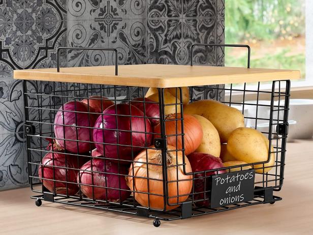 Stackable Kitchen Fruit Vegetable Storage Basket Rack Pantry Organizer  Potato Onion Garlic Spice Container Metal Wire Under Sink