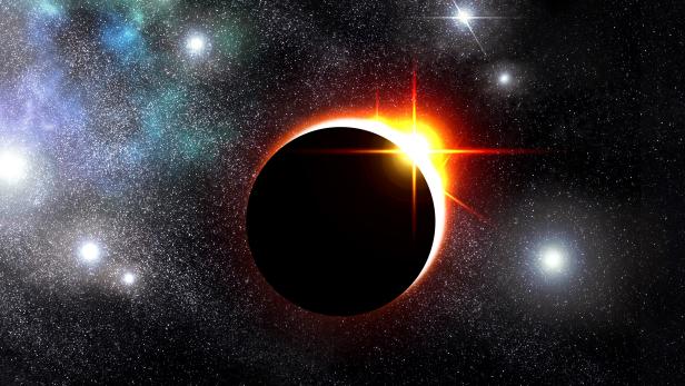 Bright eclipse starscape backdrop with colorful space clouds