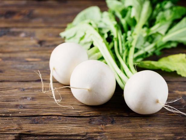 Asian white globed saladette turnips such as the Hakurei variety are typically sweet with velvety green leaves.