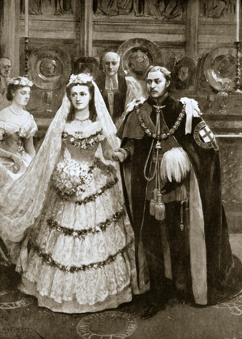 The marriage of the Prince of Wales and Princess Alexandra of Denmark, Windsor, 1863 (1901). Albert Edward, Prince of Wales, the future King Edward VII (1841-1910) married Princess Alexandra of Denmark (1844-1925) in St George's Chapel, Windsor, on 10 March 1863. The Prince is wearing the robes of a Knight of the Garter. From The Illustrated London News, 1901. (Photo by Historica Graphica Collection/Heritage Images/Getty Images)