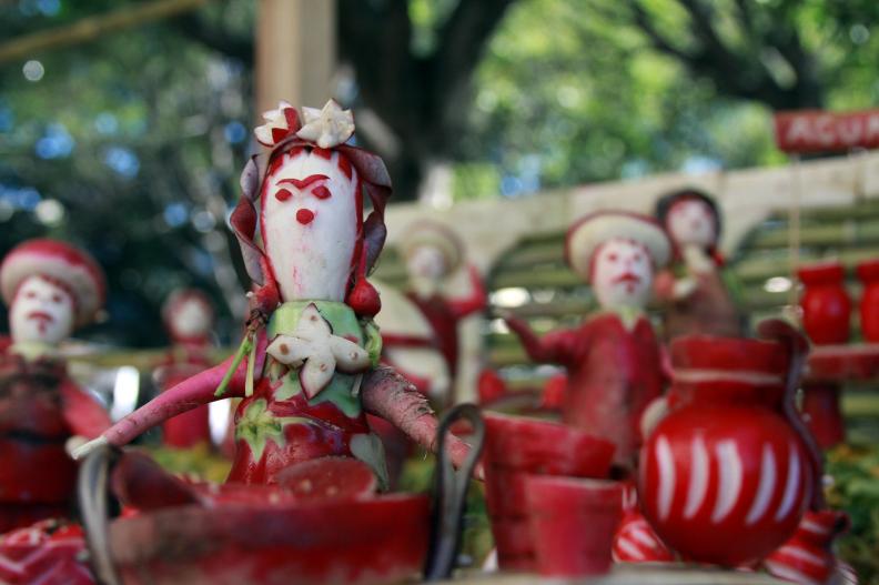 Carved radishes are displayed during the celebration of the "Night of the Radishes" at the Ocototlan de Morelos community in Oaxaca State, Mexico on December 23, 2015. The Night of the Radishes  is an annual carving event that has its origins in the colonial period when radishes were introduced by the Spanish. Farmers began carving radishes into figures as a way to attract customers attention during the Christmas market.  AFP PHOTO/PATRICIA CASTELLANOS / AFP / PATRICIA CASTELLANOS        (Photo credit should read PATRICIA CASTELLANOS/AFP via Getty Images)