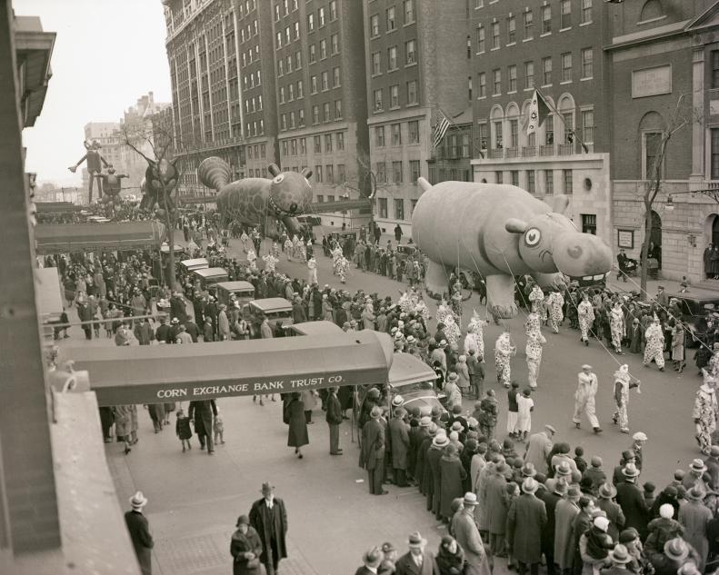 (Original Caption) 11/26/1931-New York: View of Macy's Thanksgiving Day Parade on Broadway. Image foregrounds giant hippopotamus balloon.