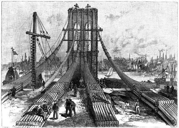 Cable anchorage on the Brooklyn shore, 1883. Designed by John Augustus Roebling (1806-1869), who died of Tetanus (Lockjaw) sixteen days after his foot was crushed in an accident on 6 July 1869 during early work in the construction, the bridge was completed by his son Washington Augustus Roebling (1837-1926) and was opened in 1883.