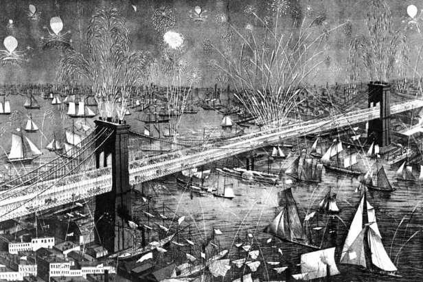Image shows the view northeast from Lower Manhattan over the Brooklyn Bridge and the East River during the celebrations for the grand opening of the bridge, May 24, 1883. The festivities include fireworks as well as hundreds of watercraft of all kinds encompassing everything from sailboats to paddle wheel steamboats, schooners, and skiffs. At the time the bridge, designed by John Roebling, was the world's longest at 5,989 feet. President Chester A. Arthur attended the opening ceremonies. 
