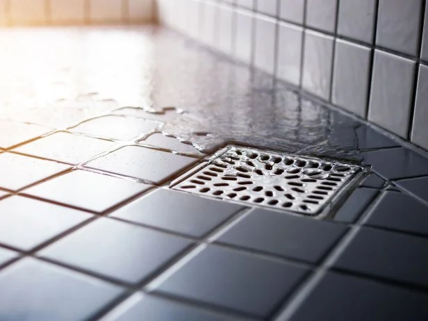 Water flowing to square shower drain hygiene and clean on tiled floor of modern enclosure in bathroom.