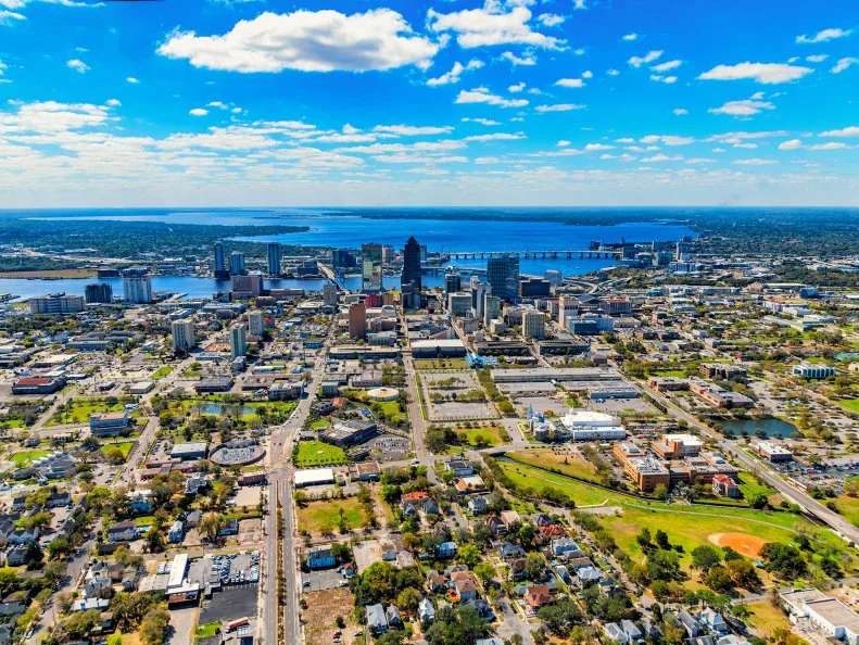 Aerial view of the beautiful city of Jacksonville Florida along the St. Johns River from an altitude of about 1000 feet.