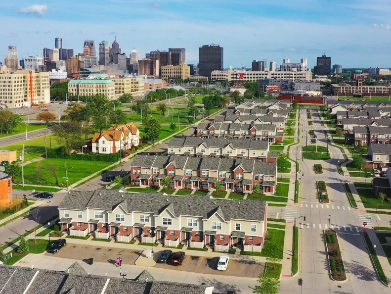 Aerial view of Detroit downtown residential area Michigan USA