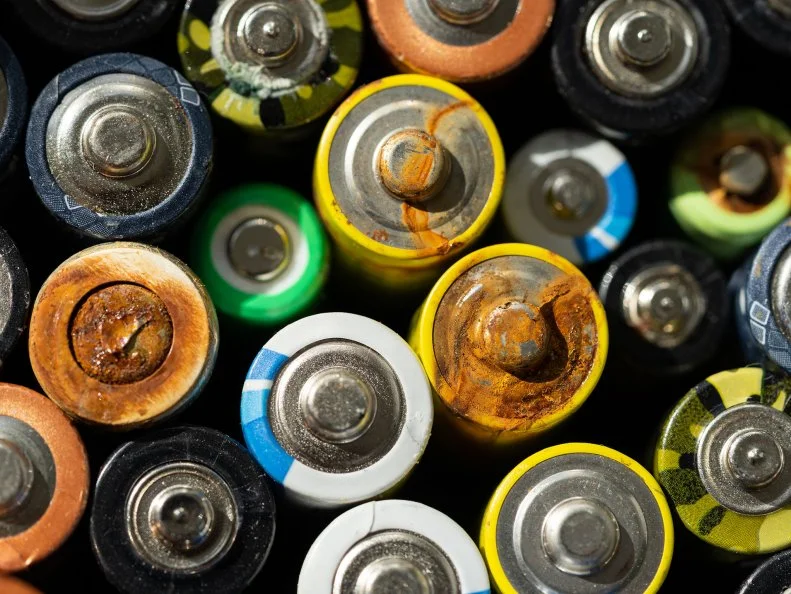 Close up of positive ends of discharged batteries of different sizes and formats, selective focus. Used alkaline battery with corrosion and rust. Hazardous garbage concept