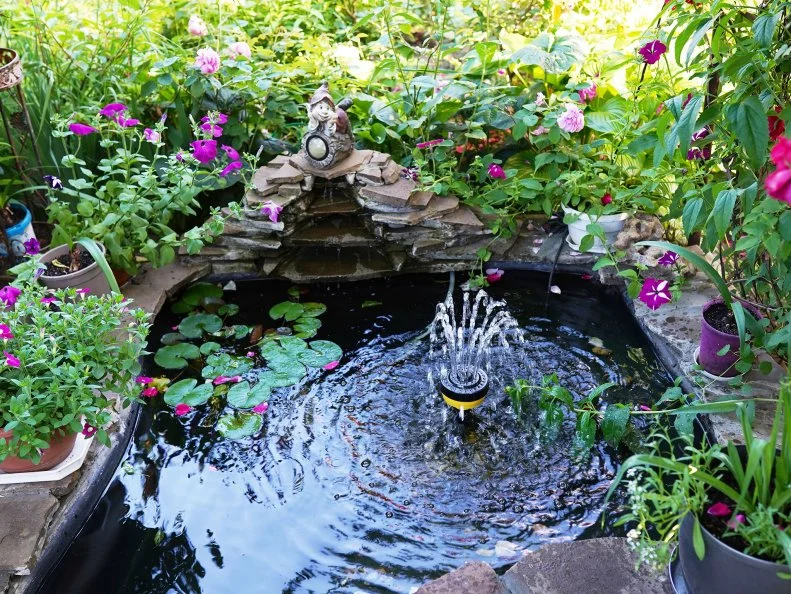 Decorative pond with fountain in the garden