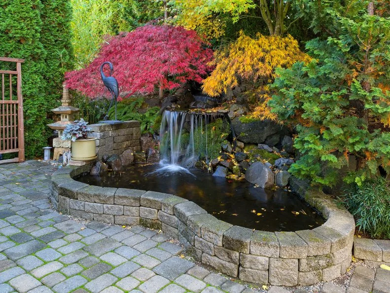 Home garden waterfall pond with brick paver stone hardscape and trees in fall season colors