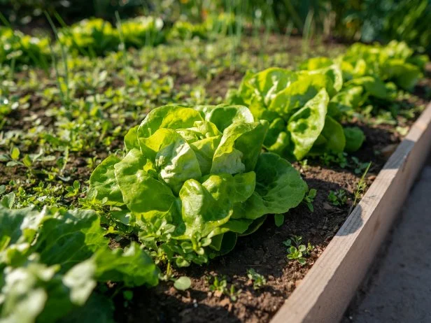 Fresh green lettuce heads growing in sunlit raised garden bed