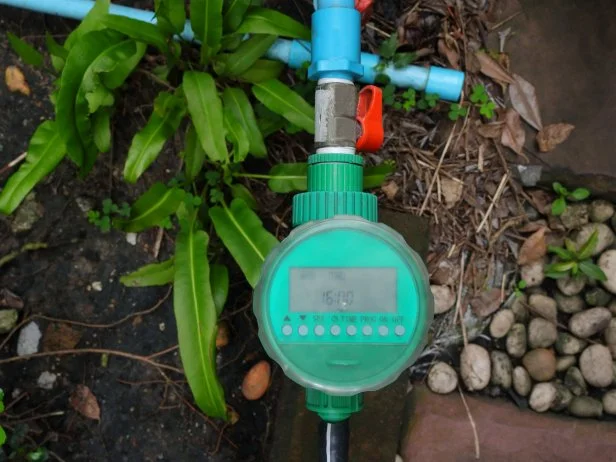Digital irrigation timer connected to outdoor garden watering system