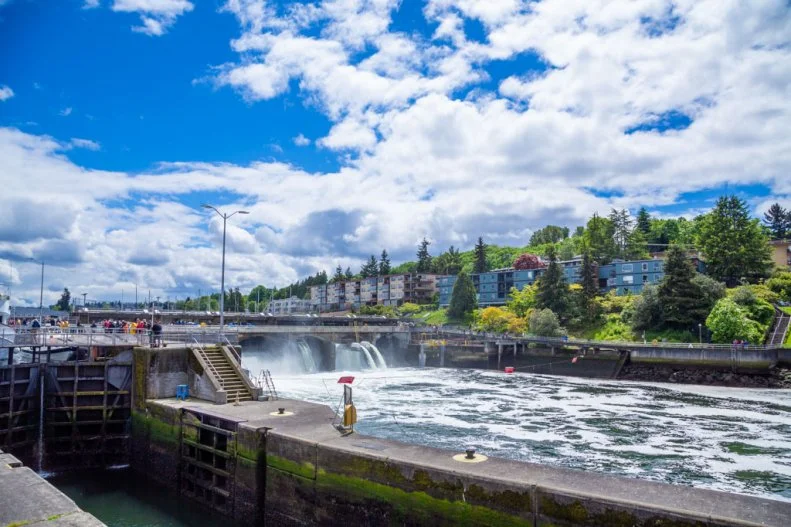 SEATTLE, WASHINGTON - May 14, 2017: The Ballard Locks, is a complex of locks at the west end of Salmon Bay, in Lake Washington Ship Canal, between Puget Sound and Lake Union.