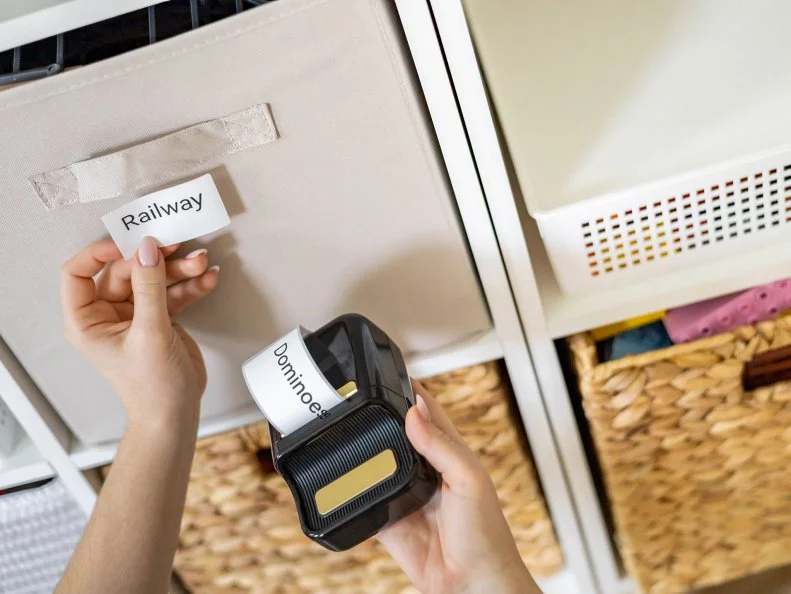 Hands using a label maker to print "Dominoes" while holding a "Railway" label near a storage bin.