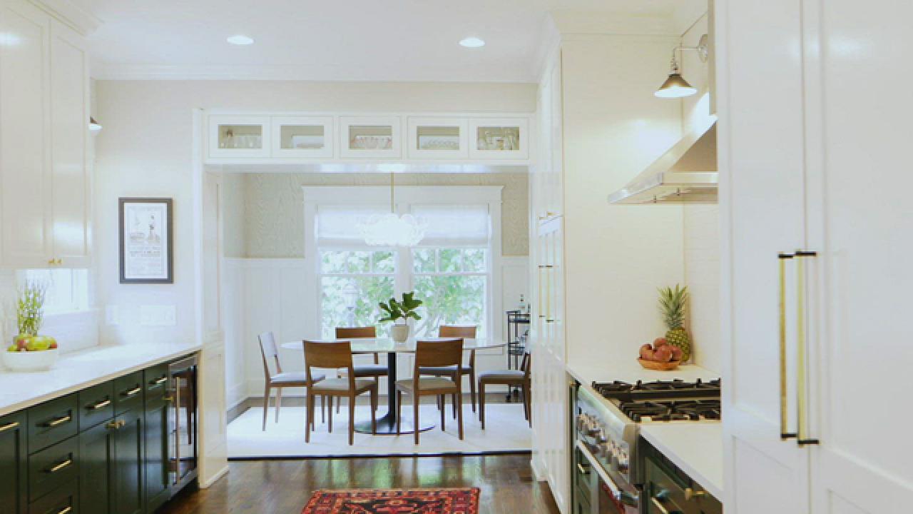 Fresh, Green and White Galley-Style Kitchen